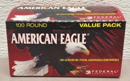 American Eagle .45 AUTO 230 Grain FMJ 100 Round Value Pack Box, Brass Case, AE45A100