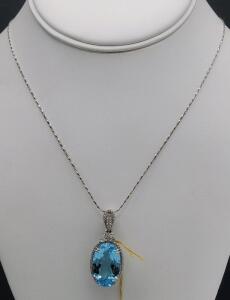 Oscar Friedman 23.39ct Blue Topaz & Diamond Pendant Necklace, 925 Silver, Certified Appraisal