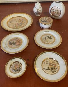 Japanese 24K Gold Trim Porcelain Plate & Vase Set, Birds, Flowers, 8 Pieces