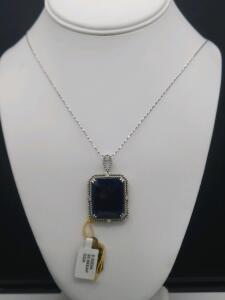 Sterling Silver Pendant Necklace with 28.69 ctw Diffused Blue Sapphire and Diamond Accents