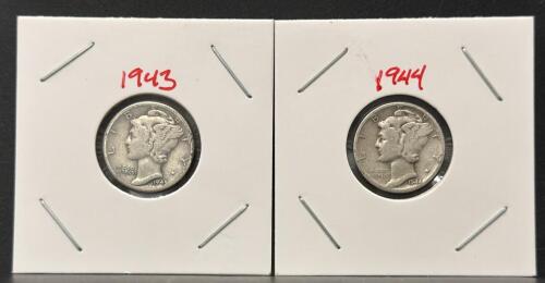 1943-D & 1944-S Mercury Dimes, 90% Silver, Circulated, WWII Era, Adolph Weinman Design