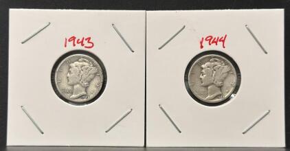 1943-D & 1944-S Mercury Dimes, 90% Silver, Circulated, WWII Era, Adolph Weinman Design