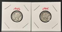 1943-D & 1944-S Mercury Dimes, 90% Silver, Circulated, WWII Era, Adolph Weinman Design