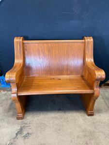 Antique Solid Oak Church Pew, Two-Seat 48-inch Bench, Traditional Style, Ornate Arms