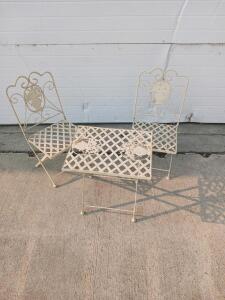 Vintage Metal Bistro Set with Lattice Table and Folding Chairs, Cream Wrought Iron Garden Patio