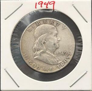 1949-S Franklin Half Dollar 90% Silver 50c, San Francisco Mint, Liberty Bell, Circulated