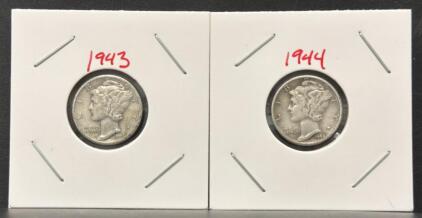 1943 & 1944 Mercury Silver Dimes, Denver Mint, 90% Silver, Circulated US Coins