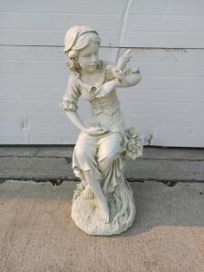 Garden Statue: Girl with Bird, Cast Stone/Resin, 24&ndash;32" Tall, Off-White Finish