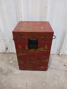 Vintage Chinese Red Lacquered Wooden Trunk with Gold Painted Figures and Landscape Scenes