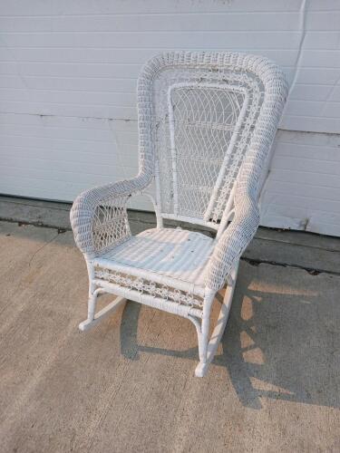 White Handwoven Wicker Rocking Chair, Victorian Style, High Back, Wooden Frame
