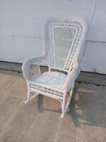White Handwoven Wicker Rocking Chair, Victorian Style, High Back, Wooden Frame