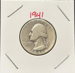 1941 Washington Quarter 90% Silver, Heavy Reverse Damage, Circulated, 2x2 Holder