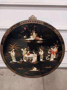 Chinese Lacquer Wall Plaque with Inlaid Figures and Gold Border, 24-30 Inches Diameter