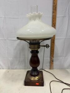 Vintage Electric Hurricane Table Lamp with Ruffled Milk Glass Shade and Pull-Chain Switch Sp-12