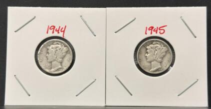 1944 and 1945 Mercury Dimes, 90% Silver, Philadelphia Mint, Circulated, Designed by A.A. Weinman