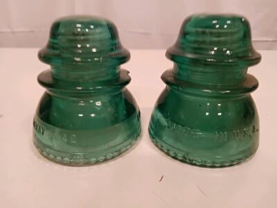 Hemingray 42 Glass Insulators, Aqua, Made in USA, 4.25"x3.75", Embossed, 1921&ndash;1955 Production