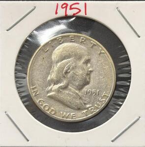 1951-S Franklin Half Dollar &ndash; 90% Silver, Circulated Condition