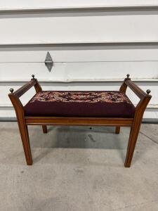 Vintage Needlepoint Upholstered Vanity Bench, Floral Design, Wood Frame, Brass Finials, 26"x14"x21"