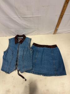 Vintage Paris Blues Denim Vest & Skirt Set, Tapestry Trim, Size 9, 1990s Sp-16