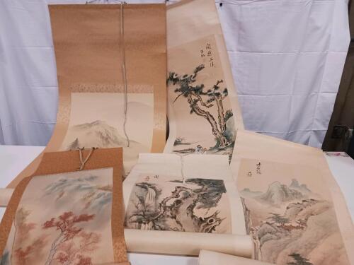 Set of 5 Japanese/Chinese Landscape Hanging Scrolls, Ink & Watercolor, Signed with Seal