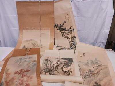 Set of 5 Japanese/Chinese Landscape Hanging Scrolls, Ink & Watercolor, Signed with Seal