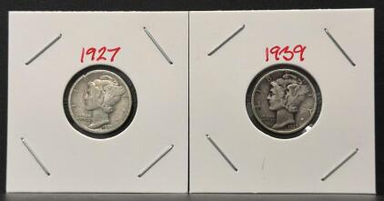 1927-S & 1939-D Mercury Dimes &ndash; 90% Silver, Circulated Condition