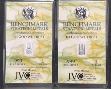 (2) Benchmark Strategic Metals 1 Grain .999 Fine Silver Bars &ndash; Assay Card, USA, JVC Member