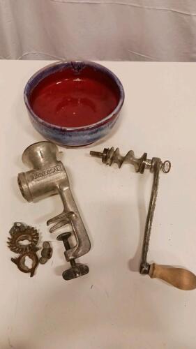 Universal Manual Meat Grinder with Attachments and Hand-Thrown Ceramic Bowl