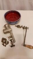 Universal Manual Meat Grinder with Attachments and Hand-Thrown Ceramic Bowl