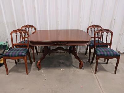 Traditional Wood Dining Table with Carved Double Pedestal Base & 6 Plaid Upholstered Chairs