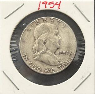 1954-S Franklin Half Dollar, 90% Silver, San Francisco Mint, Circulated, Liberty Bell Design