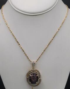 Sterling Silver Ruby Pendant with White Sapphire Halo, Yellow Gold Overlay, 17" Chain, 20ct Ruby