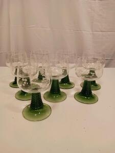 Vintage German Roemer Wine Glasses, Set of 8, Etched Grapevine Design, Green Ribbed Stems