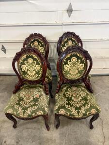 Set of 4 Victorian Style Balloon Back Mahogany Side Chairs, Green Velvet Floral Upholstery