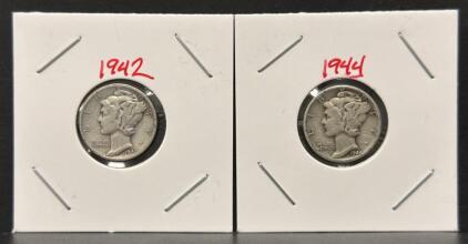 1942 & 1944 Mercury Dimes, 90% Silver, No Mint Mark, Adolph Weinman Design