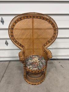 Vintage Rattan Peacock Chair with Fan Back and Floral Tapestry Cushion, Ornate Boho Design