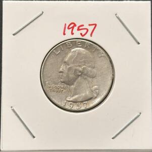 1957-D Washington Quarter, 90% Silver, Circulated, Red Residue on Reverse