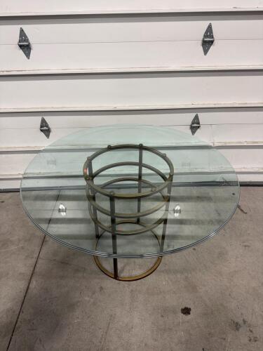 Round Glass Coffee Table with Geometric Gold Metal Base, 36" Diameter, Modern Design