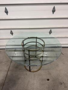 Round Glass Coffee Table with Geometric Gold Metal Base, 36" Diameter, Modern Design