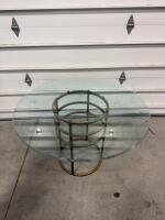 Round Glass Coffee Table with Geometric Gold Metal Base, 36" Diameter, Modern Design