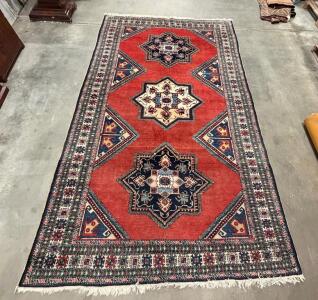 Hand-Knotted Wool Area Rug, 8x5 ft, Caucasian Kazak Style, Geometric Medallion Pattern
