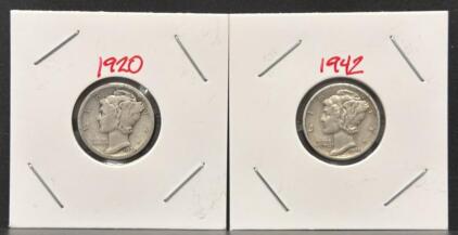 1920 and 1942-S Mercury Silver Dimes, 90% Silver, Adolph Weinman Design, Circulated Condition