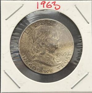 1963 Franklin Half Dollar, 90% Silver, Circulated Condition, Philadelphia Mint