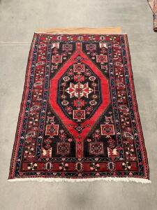 Persian Hamadan Handmade Wool Rug 5' x 3', Geometric Medallion, Red/Black, Vintage Iran