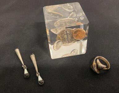 Sterling Silver Bypass Ring PS-59, Abstract Drop Earrings & Lucite Block with US Coins 1936-1969