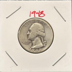 1948 Washington Quarter 90% Silver, 25c, Red Paint Obverse, in Stapled Holder