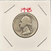 1948 Washington Quarter 90% Silver, 25c, Red Paint Obverse, in Stapled Holder
