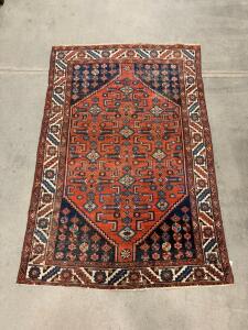 Persian Hand-Knotted Rug, 5.5x3.5 ft, Geometric Medallion, Wool, Red/Blue, Circa 1970s-90s