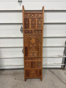 Hand-Carved Indian Wood Room Divider, 3 Panel Folding Screen, 72x20 in Panels, Floral Motif