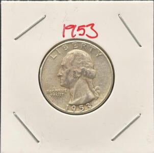 1953 Washington Quarter, 90% Silver, Circulated, Significant Reverse Red Contamination, KM#164